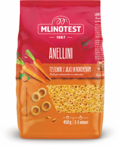 Testenine Mlinotest, Rinčice, z jajci in korenčkom, Anellini, 450 g