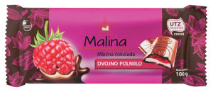 Čokolada mlečna Tuš, s polnilom maline, 100 g