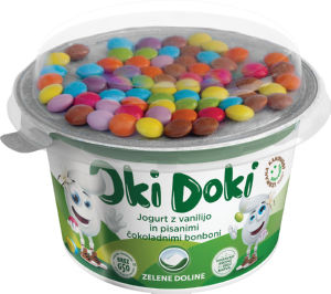 Jogurt Oki Doki, vanilija, z mavričnimi bonboni, 150 g