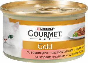 Hrana za mačke Gourmet, piščanec, losos, 85g
