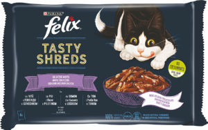 Felix Tasty Shreds, za mačke, mokra hrana, govedina, piščanec, losos ali tuna, v omaki, 4 x 80 g