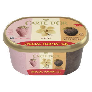 Sladoled Carte D’Or, Multiflavor, vanilija, jagoda, čokolada, pomaranča, 1,3 l